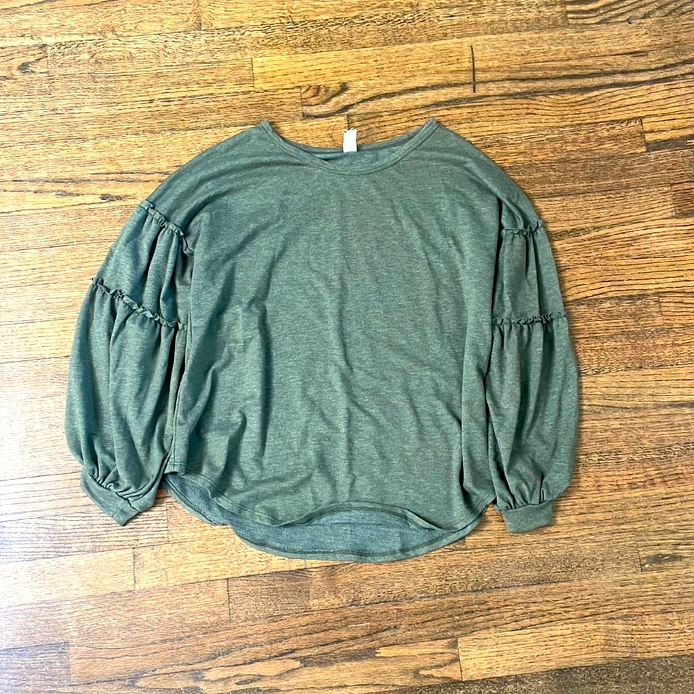 Long sleeve, olive green top with ruffles on the arms